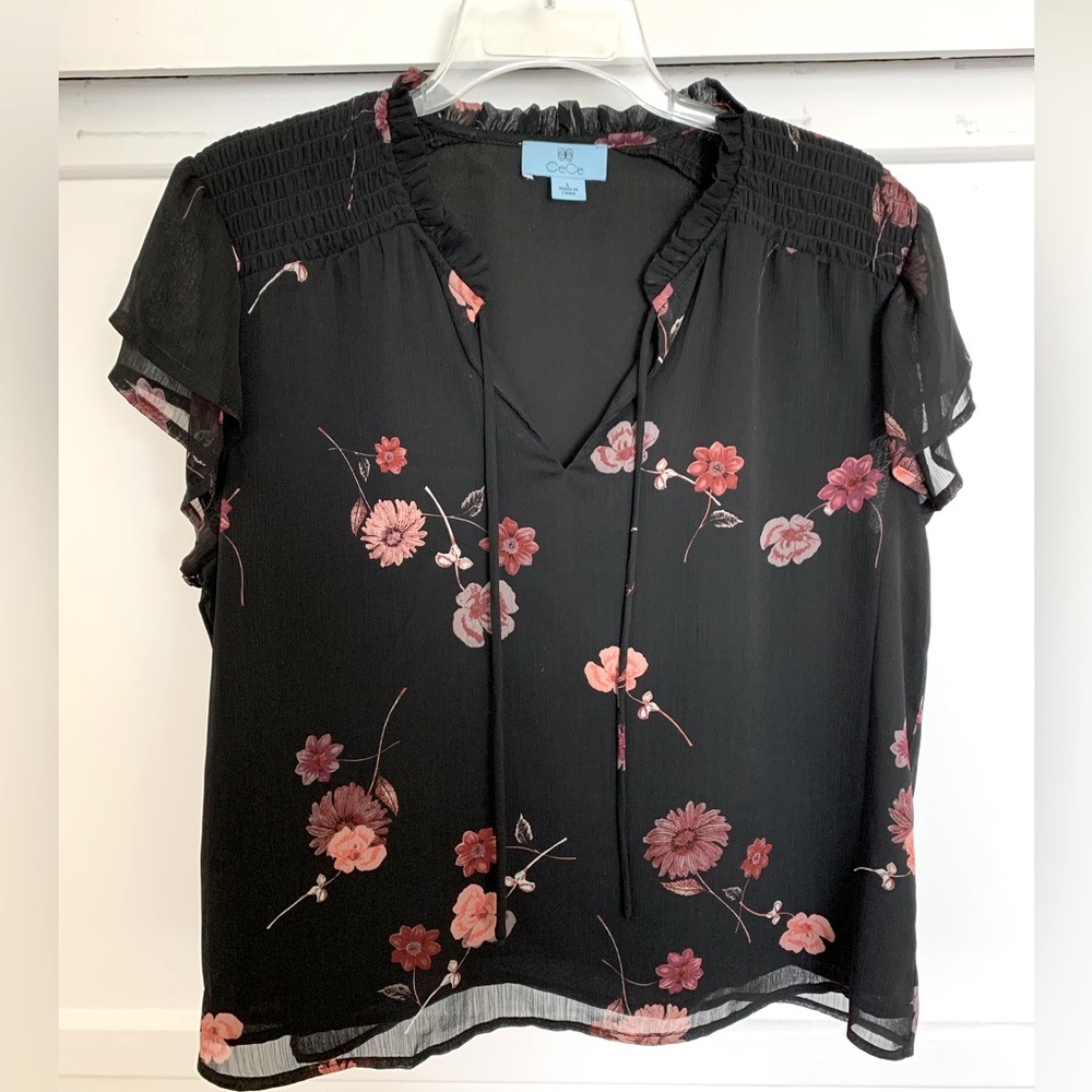 CeCe Smocked Shoulder Floral Print Blouse